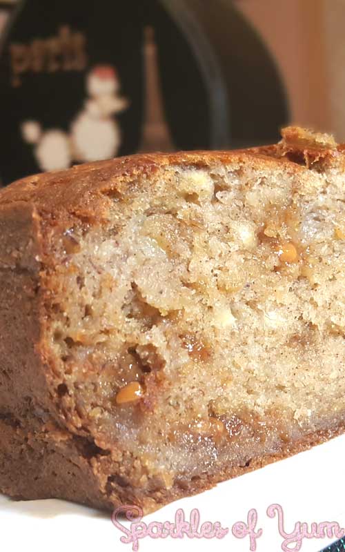 A zoomed in view of a Pumpkin Spice Caramel Banana Bread that has had the end piece removed.