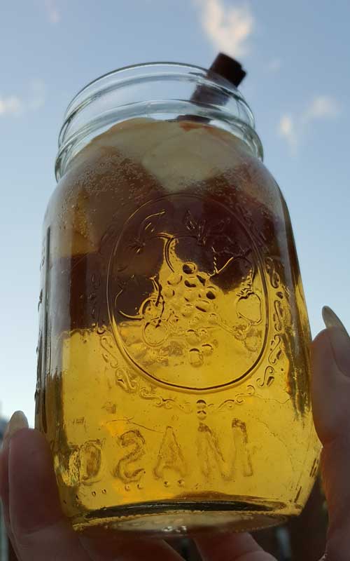 Looking up at a mason jar filled with chopped apples and Autumn Hard Apple Cider Sangria.