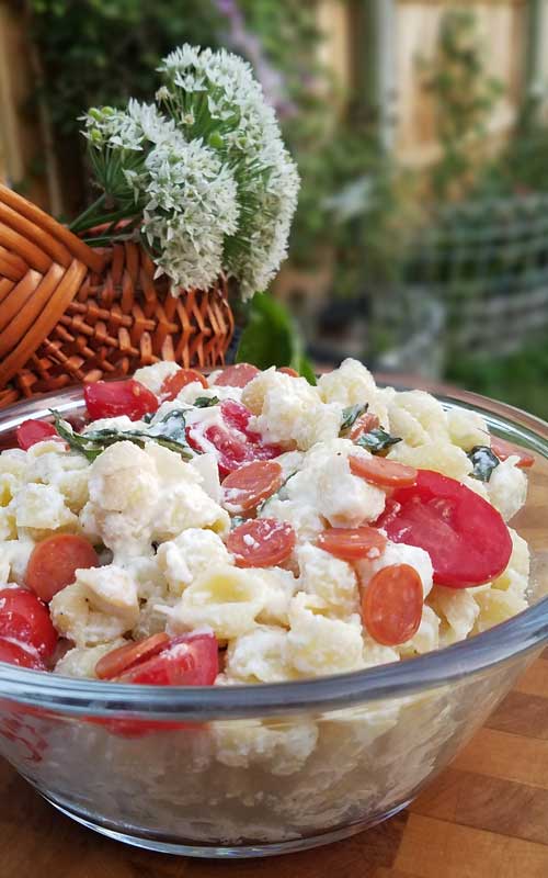 Fresh tomato and basil come together with a few other ingredients to make a simple Cheesy Italian Pasta Salad with a huge depth of flavor.