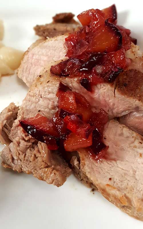 The flavors are amazing in this Slow Cooker Pork Tenderloin with Plum Jalapeno Chutney. Lightly spicy peppers, sweetly tart plums, and ginger combined with fall apart,juicy, tender pork makes your taste buds dance with joy!