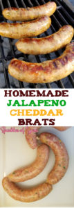 These Homemade Jalapeno Cheddar Brats are super-scrumptious! From that snap of the casing, the juiciness of the brat, how all the flavors come together, and the oh so good cheesy bits inside.