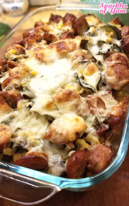 This casserole is so good! Loaded with fresh veggies, spicy sausage, and then topped off with toasty melty mozzarella. What's not to love about that?