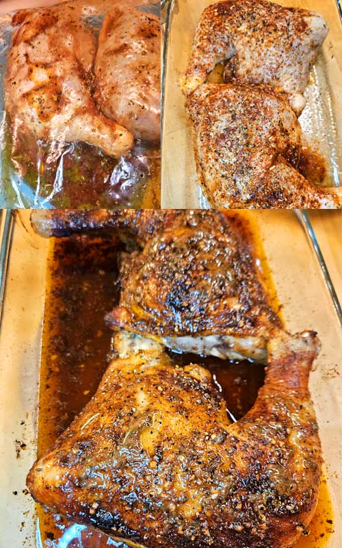 A collage of three images. The top left is chicken being marinated in a zip top bag. The top right image is the chicken lying in a glass baking dish after being marinated. The bottom center is baked chicken leg quarters in a glass dish.