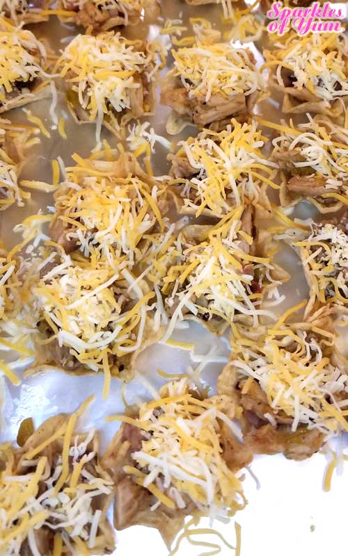 Pulled Pork Nacho Bites - No matter what team your cheering for, these little Pulled Pork Nacho Bites will put a smile on everyone's face! #nachos #gameday #pork