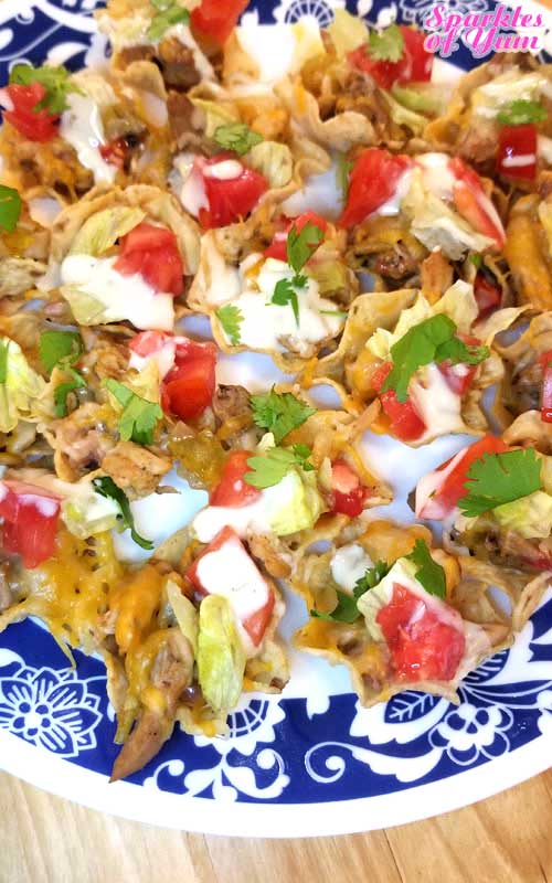 Pulled Pork Nacho Bites - No matter what team your cheering for, these little Pulled Pork Nacho Bites will put a smile on everyone's face! #nachos #gameday #pork