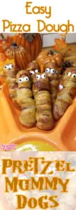 These Pretzel Mummy Dogs are so cute and fun to make, everyone will love them! Part of their charm is in their imperfections! #mummydog #Halloween #hotdog #pretzel