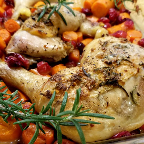 Need an elegant dinner that's simply delicious and easy? We have got just the dish for you, our recipe for Rosemary Chicken Over Cranberries & Carrots!