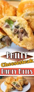 These little Philly Cheesesteak Party Bites are so yummy. Rolled up little crescent roll pockets filled with cheesy, meaty, and the flaky goodness!
