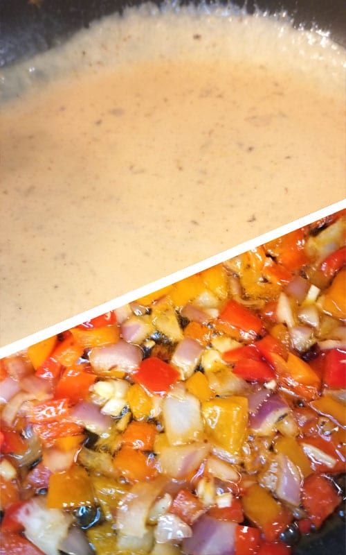 A two photo collage. The top is a blonde roux in a non-stick skillet. The bottom image is bell peppers, garlic, and onion being sautéed.