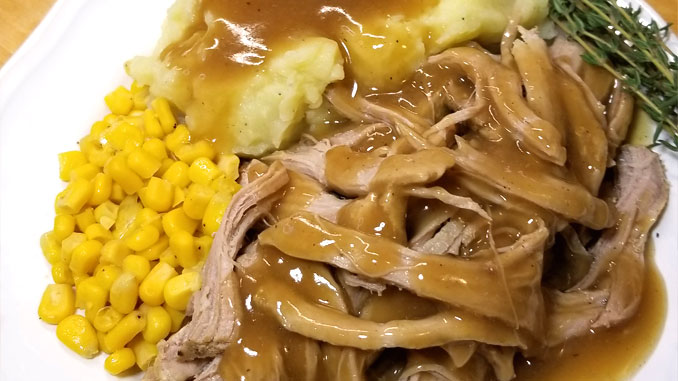 This recipe is great with mashed potatoes, on a sandwich, and just deelish for finger pickin’! Spoon tender and SO tasty! But what set this recipe above the others was the gravy!!!  It is over the moon good! This recipe is a definite keeper.