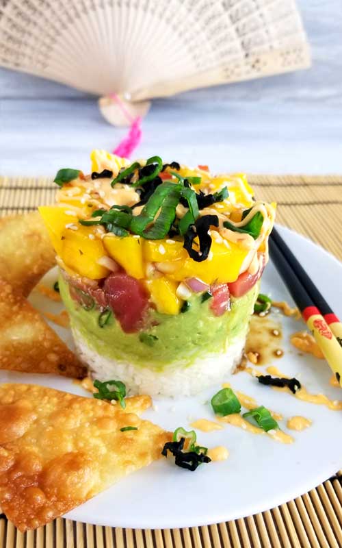 This Spicy Tuna Sushi Stack with Wonton Crisps is so good and not very complicated to make. The perfect solution for when you have a craving for sushi and just can't fork out the big bucks.