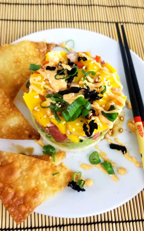 This Spicy Tuna Sushi Stack with Wonton Crisps is so good and not very complicated to make. The perfect solution for when you have a craving for sushi and just can't fork out the big bucks.