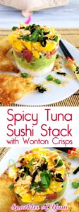 Spicy Tuna Sushi Stack with Wonton Crisps Recipe - The perfect solution for when you have a craving for sushi and just can't fork out the big bucks? Do not let it's small stature fool you, it is very filling.