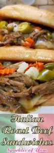 Slathered with luscious garlic butter, ooey-gooey provolone cheese, a bit of tang from the giardiniera, and the rich flavors of the roast beef. THIS is one of my all time favorite sandwiches! #slowcooker #ItalianBeef #beefsandwiches