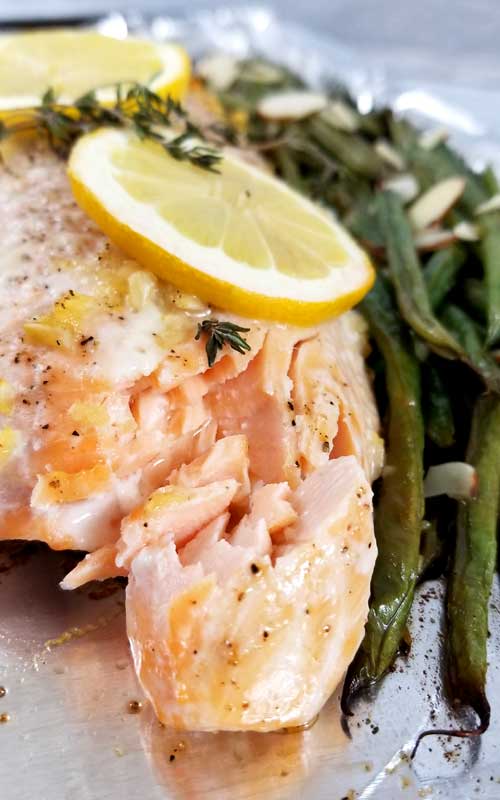 Lemon Thyme Salmon Recipe - Not only was this One Pan Lemon Thyme Salmon with French Green Beans and Almonds beyond easy, it was divine! It tasted even better than I expected; bursting with flavor; and with minimal clean-up.