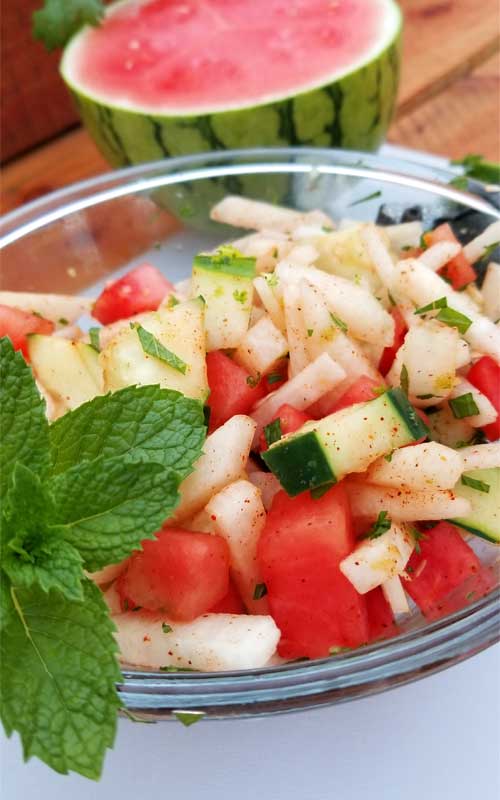 Super healthy, light, and refreshing. This Crunchy Watermelon Jicama & Cucumber Salad is a perfect side dish for a weekend party, or any summer meal for that matter.