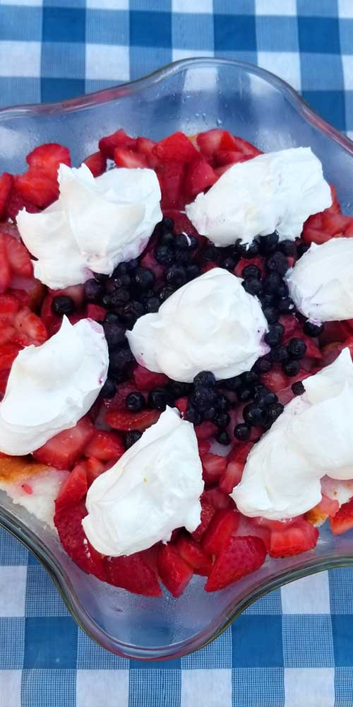 A super simple, super yummy dessert for the 4th of July or any summer get together. You can throw this Red White and Blue Berry Trifle together in not much time at all with just a little chopping and mixing!