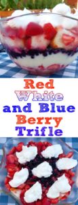 A super simple, super yummy dessert for the 4th of July or any summer get together. You can throw this Red White and Blue Berry Trifle together in not much time at all with just a little chopping and mixing!