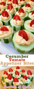 These Cucumber Tomato Appetizer Bites are filled with a zesty roasted red pepper hummus, making for quick and easy dish to make for entertaining or just a healthy snack.