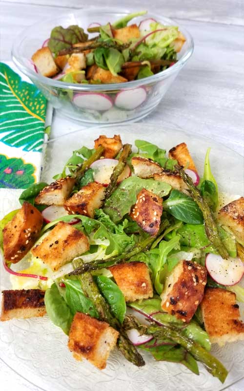 What better way to get your dark leafy greens than in an awesome, fresh from the garden, summer, Panzanella Salad with "Everything" Garlic Bread and a zesty Lemon Dijon Dressing. It was deee-lish!