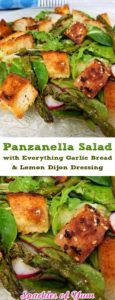 What better way to get your dark leafy greens than in an awesome fresh from the garden summer Panzanella Salad with "Everything" Garlic Bread and a zesty Lemon Dijon Dressing. It was deee-lish!