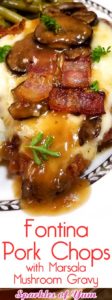 Fontina Pork Chops with Marsala Mushroom Gravy - Juicy flavorful pork chops blanketed with melted fontina cheese and covered with a garlicky Marsala mushroom gravy. An easy delicious home cooked meal with restaurant quality.
