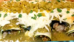 Salsa Verde Chicken Zucchini Enchiladasare a low carb, healthy dinner that tastes delicious. Using leftover rotisserie chicken, this recipe comes together in about 40 minutes.