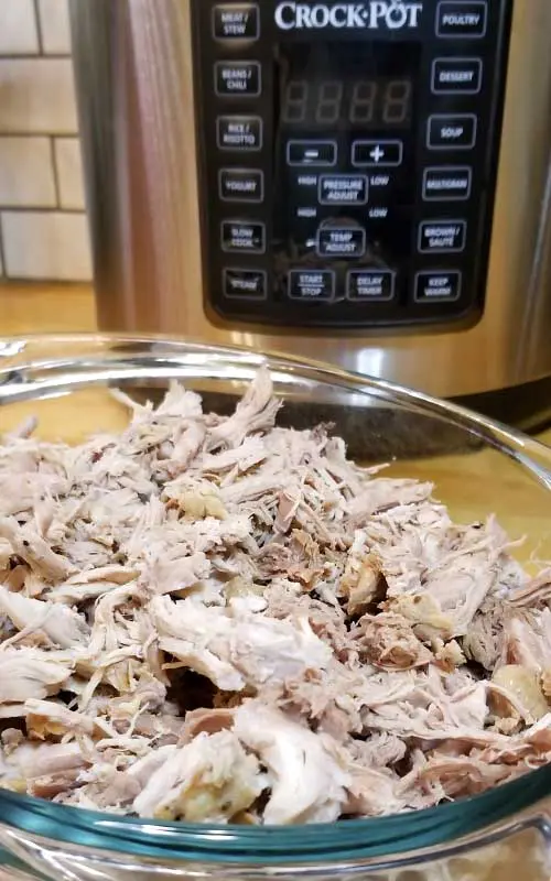 Shredded pork loin in a clear glass bowl. In the background is a pressure cooker.