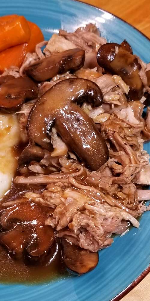 Shredded pork loin and mushrooms covered in a mushroom sauce, on a blue plate.