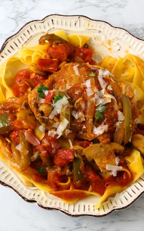 Love me some Chicken Cacciatore! It's so delicious and saucy with all the Italian goodness of the seasoning and a subtle sweetness in the sauce and goes perfectly served over this Pappardelle Pasta.