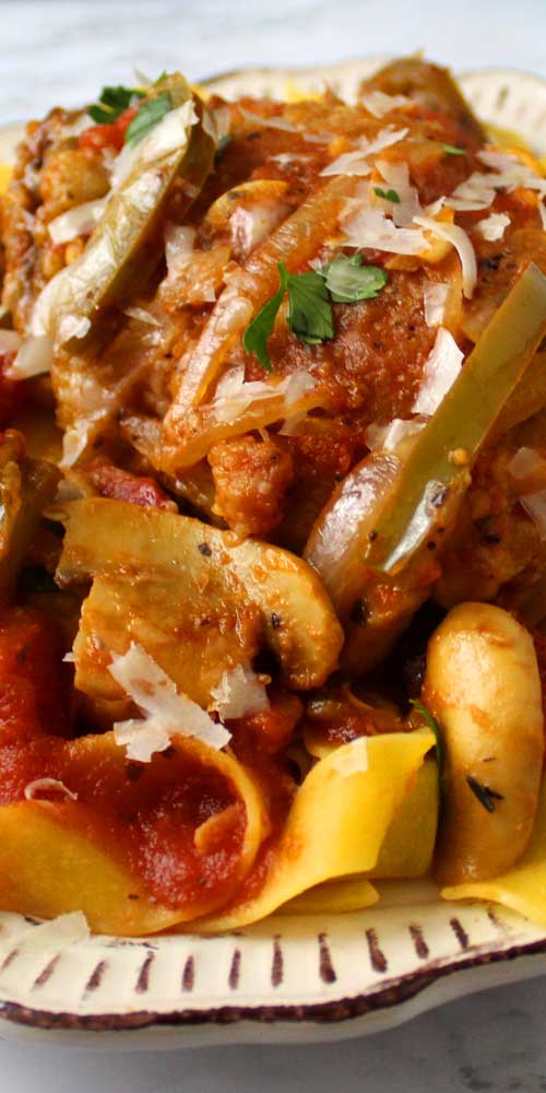 Love me some Chicken Cacciatore! It's so delicious and saucy with all the Italian goodness of the seasoning and a subtle sweetness in the sauce and goes perfectly served over this Pappardelle Pasta.