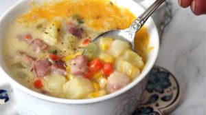 I love this cozy rich and creamy Ham and Potato Corn Chowder, it's so hearty and full of flavor. It just warms you up and puts a smile on your face.