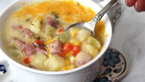 I love this cozy rich and creamy Ham and Potato Corn Chowder, it's so hearty and full of flavor. It just warms you up and puts a smile on your face.