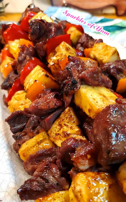 The grilled caramelized pineapple takes this dish over the top. These Brazilian Beef Kabobs with Pineapple and Peppers are very easy and so delish! Marinaded, smoky, and full of flavor goodness. Treat yourself this summer.