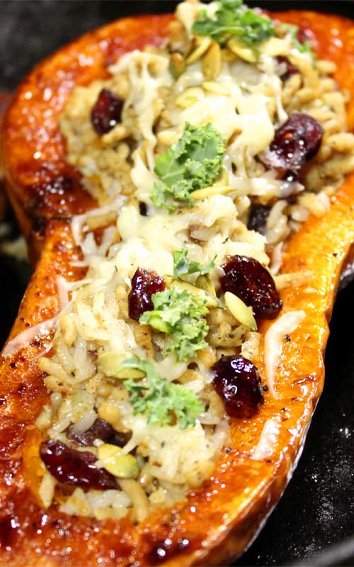 This Stuffed Butternut Squash with Chicken and Rice is a great healthy fall dinner. Easy to prepare and tastes delicious with all the savory flavors of fall.