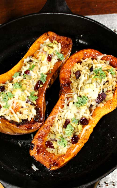 This Stuffed Butternut Squash with Chicken and Rice is a great healthy fall dinner. Easy to prepare and tastes delicious with all the savory flavors of fall.