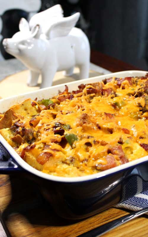 Bacon, ham, and sausage come together to make this Three Little Pigs Strata. A simple, delicious, and comforting breakfast everyone is sure to love!