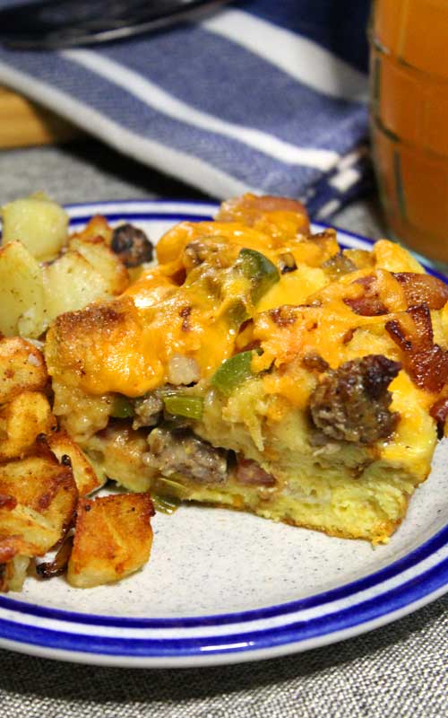 Bacon, ham, and sausage come together to make this Three Little Pigs Strata. A simple, delicious, and comforting breakfast everyone is sure to love!