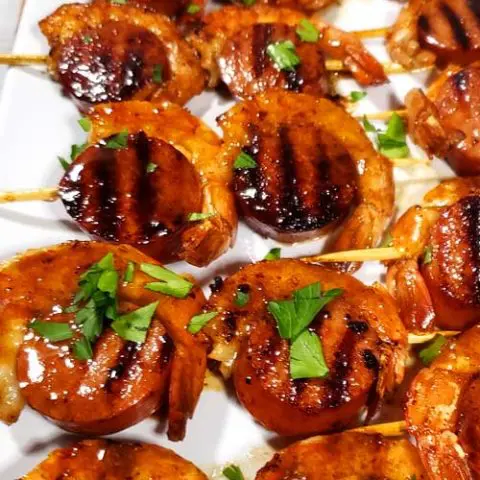 Glazed New Orleans BBQ Shrimp & Sausage Kabobs