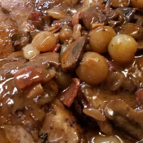 Coq Au Vin – Chicken in Red Wine with Mushrooms Onions and Bacon