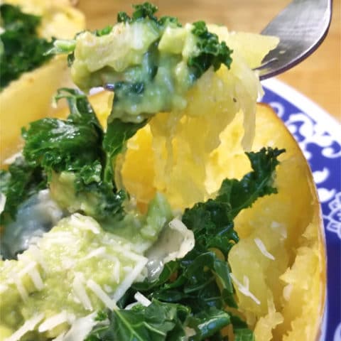 Cheesy Avocado and Kale Spaghetti Squash