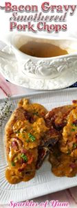 Bacon Gravy Smothered Pork Chops are just the comfort food we needed right about now! Take an everyday pork chop dinner to a whole other level of yum!