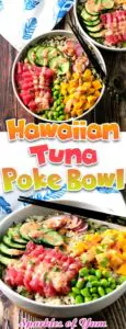 An absolutely divine Hawaiian Tuna Poke Bowl with fresh ahi tuna, bright crisp radish, cucumber, edamame, and sweet mango over wild rice with a drizzle of sweet chili aioli? Yes, please!