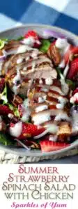 This Summer Strawberry Spinach Salad with Chicken is so tasty and refreshing for a hot day. It's simple, healthy, and incredibly delicious! #salad #summer #chicken #strawberries