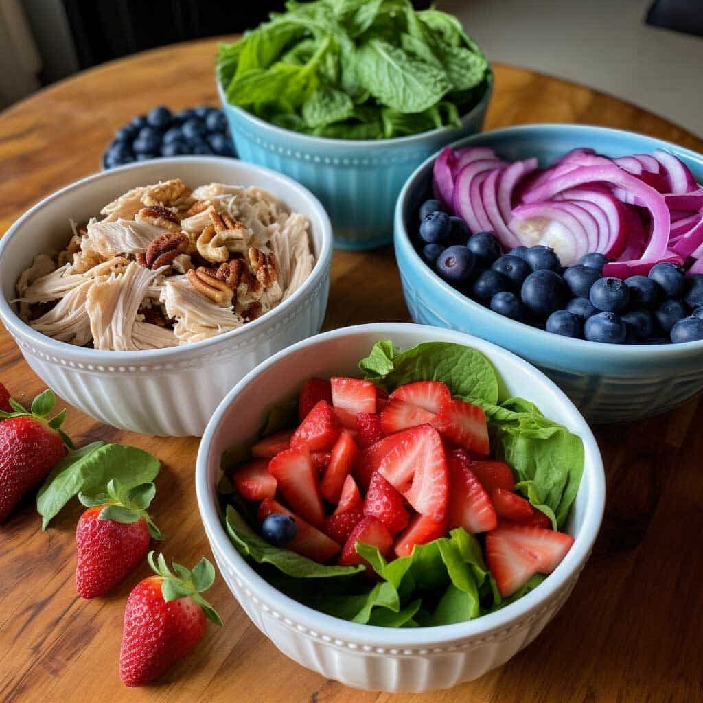 4 bowls (2 blue and 2 white) containing recipe ingredients for a strawberry chicken salad. One white bowl is filled with chicken. The other white bowl is filled with spinach and sliced strawberries. One of the blue bowls is filled with blue berries and sliced red onion. The other blue bowl is filled with lettuce leaves.