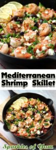 You will not believe how much flavor this Mediterranean Shrimp Skillet has. A no-guilt meal that is THIS easy to make?! Yes Please!!! #shrimp #dinnerideas #healthy