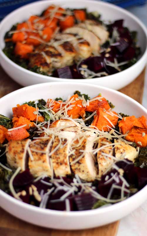 This Chicken & Kale Salad with Roasted Vegetables is so good we've had it twice in the last month! Proof that healthy can be tasty too!