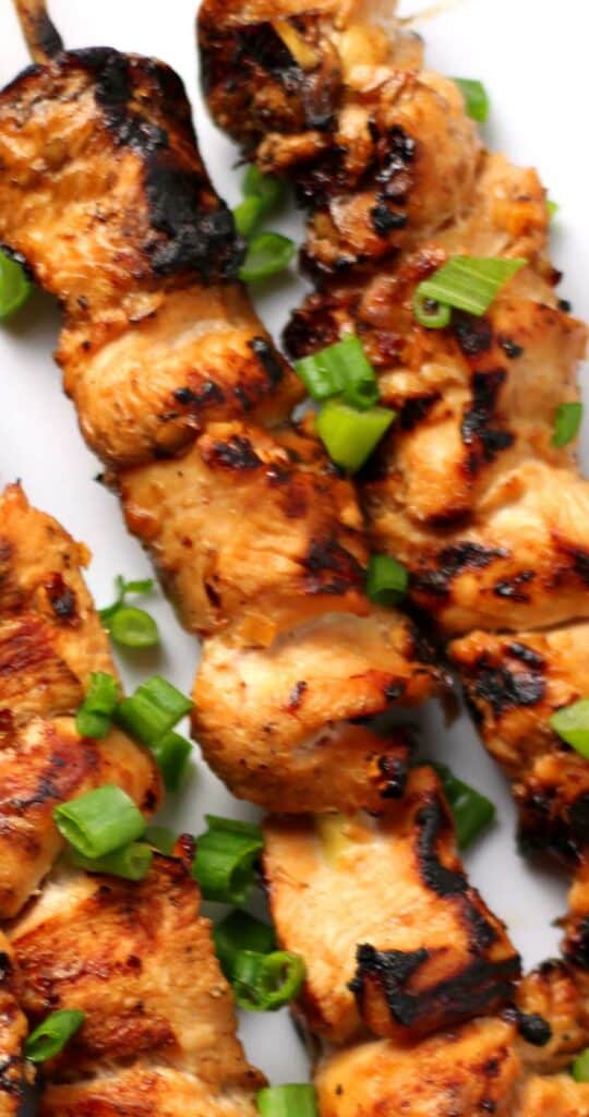 A zoomed in image of grilled chicken pieces. Bits of char are visible on the chicken.