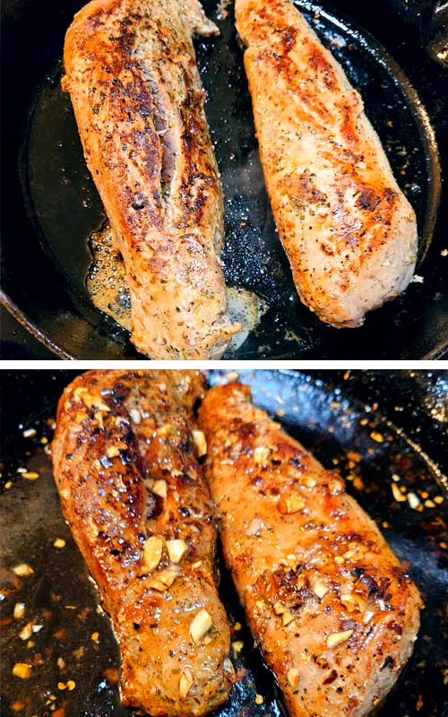 Two images or two pork tenderloins being seared in a cast iron skillet.