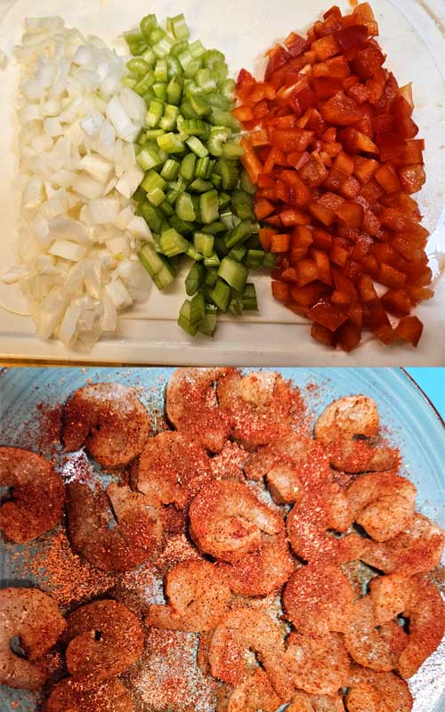 Two photos. The top one is diced onion, green and red bell pepper. The second photo is seasoned, raw shrimp on a blue plate.